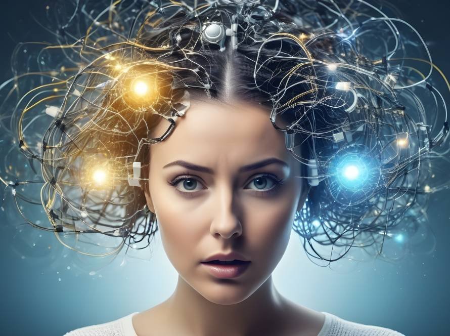 stressed woman creative surreal light artificial intelligence indecision anxious overt thinking light fear