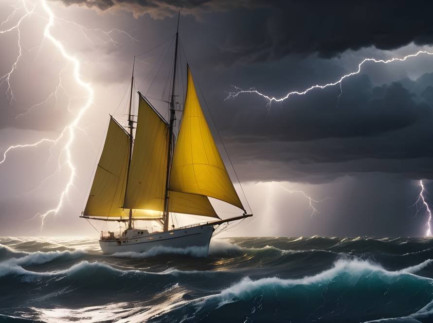 Stormy seas sail boat stars light sun future yellow lightning